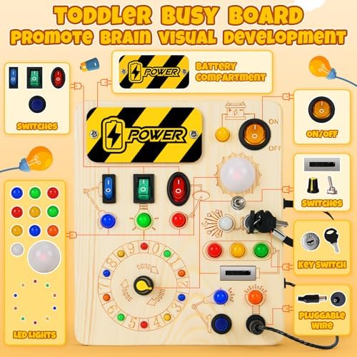 Close up angle of Hoarosall educational toddler board highlighting the smooth wooden finish, key lock mechanism, and rotating gears.