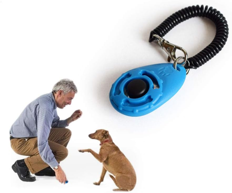 Close up view of the black button on the durable plastic dog clicker device for positive reinforcement training.