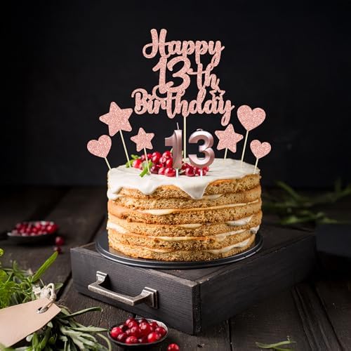 Gyufise 15Pcs Happy 13th Birthday Cake Topper Set with Heart Star Glitter Cheers to 13 Years Cake Picks Number 13 Candles Cake Decorations for Happy 13th Birthday Anniversary Party Supplies Rose Gold - Image 8