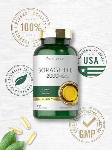 Premium quality seal and gluten free non GMO certifications on Carlyle Borage Oil bottle