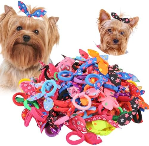 Close up of colorful fabric rabbit ear hair ties for dogs