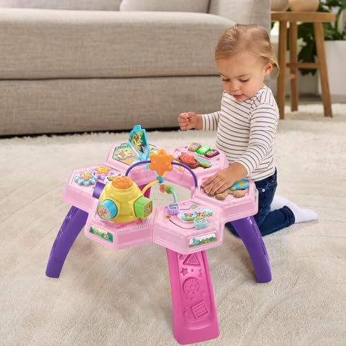 Packaging box view of the imported VTech Buzz and Learn Activity Table in pink highlighting developmental milestones.
