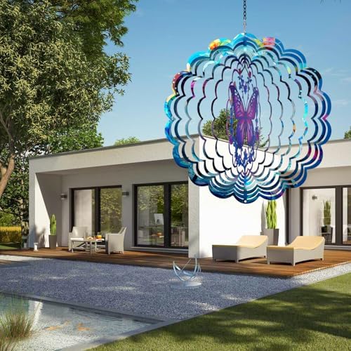 Butterfly wind spinner hanging in a yard with swivel hook visible