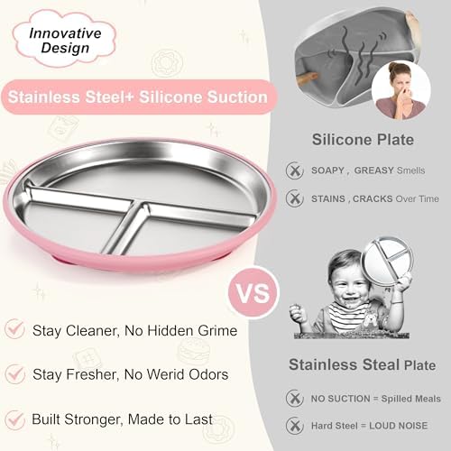 Three pack of divided stainless steel plates with silicone bases