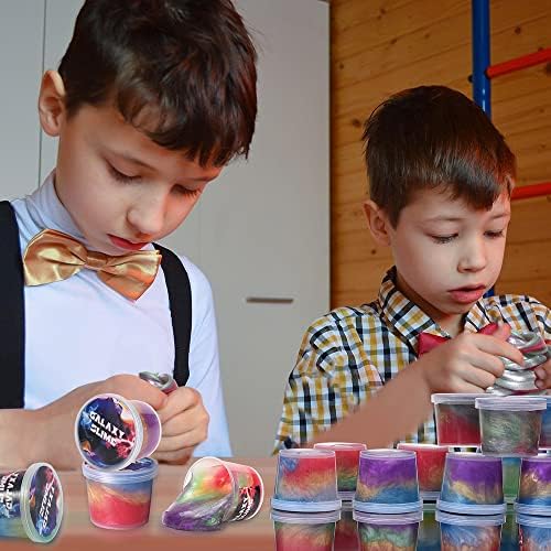 Complete twenty four piece bulk slime kit arranged neatly for classroom rewards