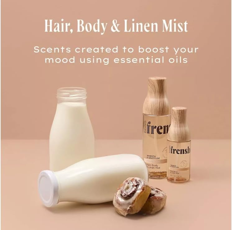 Lifestyle view of Being Frenshe Moon Milk scent notes and branding.