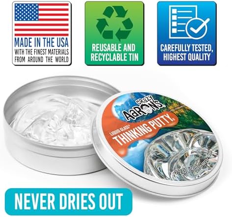 Crazy Aaron's Puttyworld transparent liquid glass compound inside open tin packaging