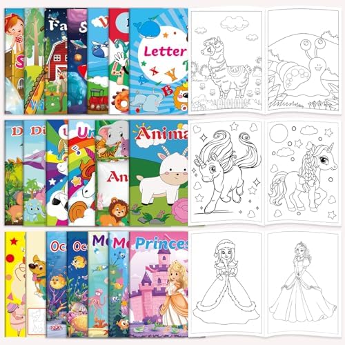 Bulk set of twenty small toddler drawing booklets spread out to display diverse dinosaur and animal themes.