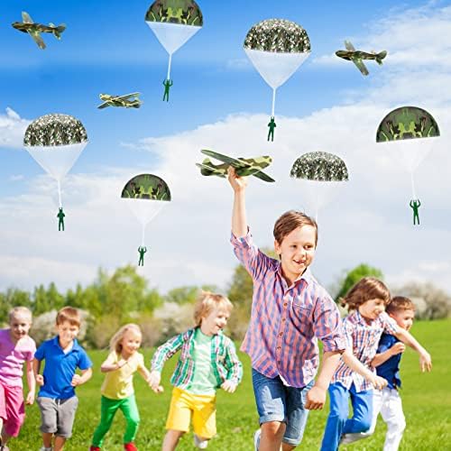 Side view of the Jerify camouflage foam airplane and unrolled polyester parachute toy illustrating the scale and dimensions of the pieces.