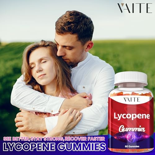 VAITE daily wellness lycopene antioxidant gummies placed alongside fresh ingredients on a plain surface.