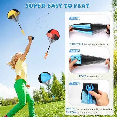 A slow floating parachute toy descending gracefully over green backyard grass.