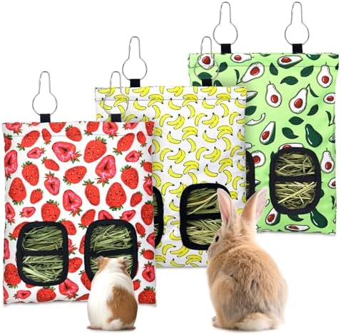 Three piece red strawberry pattern hanging guinea pig hay bags showing two circular feeding holes.