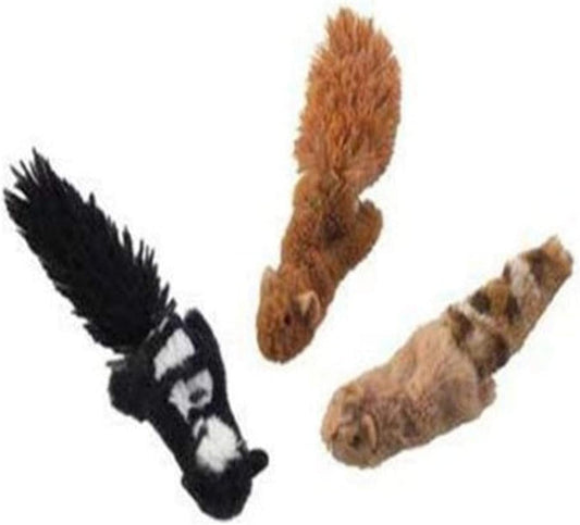 Three flat plush catnip cat toys designed as a squirrel, chipmunk, and skunk on a clean background