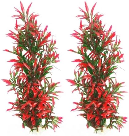 Vibrant red and green plastic fish tank plants with a heavy stone base for stability.