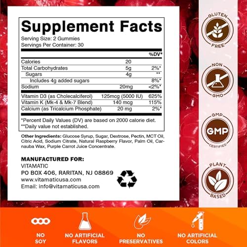 Vitamatic Vitamin D3 5000 IU and Vitamin K2 120 mcg premium supplement bottle.