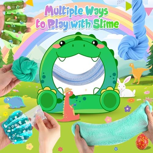 LAWOHO clear slime jar showing inclusion of prehistoric toy figures and foam balls