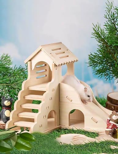 Hamster Hideout Cage Accessories - Hamster House and Habitat Wooden Hide Hut with Climbing Ladder and Slide for Dwarf Gerbils and Mouse Mice Rat Other Small Animals etc. - Image 7