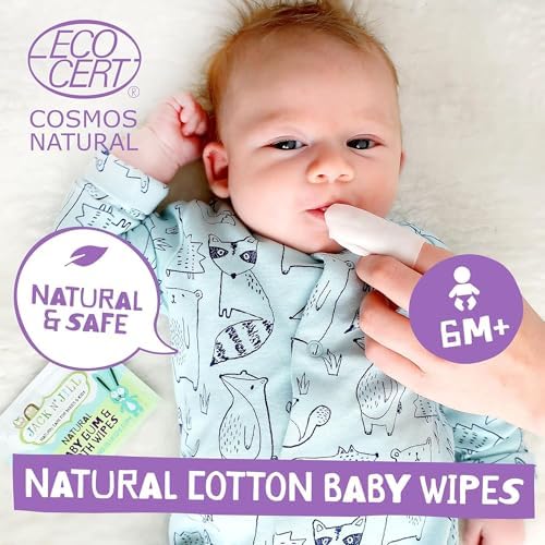 Jack N' Jill infant oral wipes individually wrapped sachets displayed next to the main box