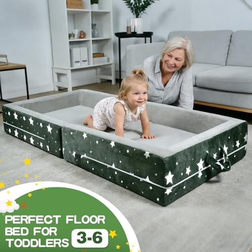 Side view of the frame-free safe toddler floor bed for kids aged three to six
