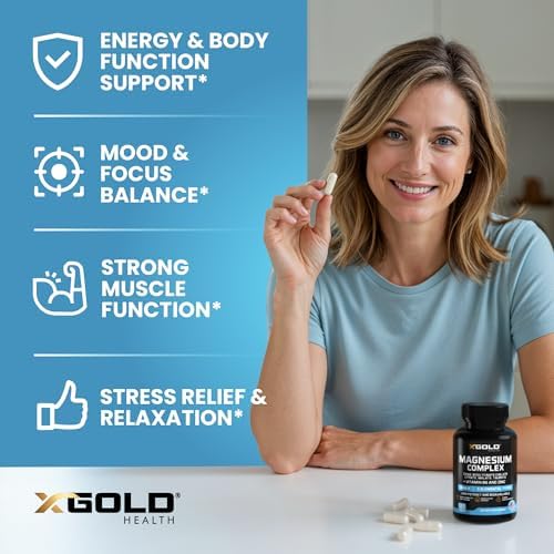 X Gold Health Magnesium Complex 120 capsules container showcasing USA quality assurance seals.