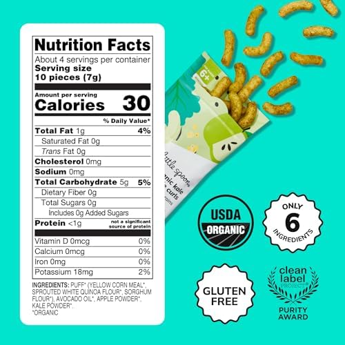 Little Spoon rice free organic baby puffs bag with kale and apple details