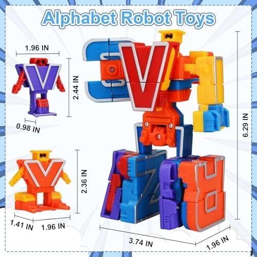 Transformable ABC letter blocks morphing into colorful robot action figures