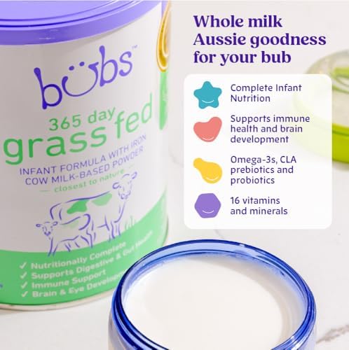 Bubs grass fed infant formula powder showing nutritional facts and clean label certification details.