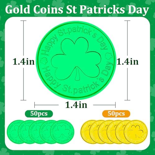 Close up of YOOBABOO plastic gold clover coin and green leprechaun token showcasing embossed text