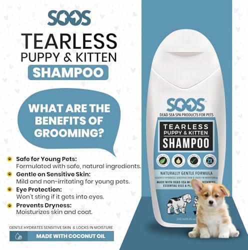 Soos Dead Sea pet shampoo 250 milliliter bottle next to pet grooming supplies