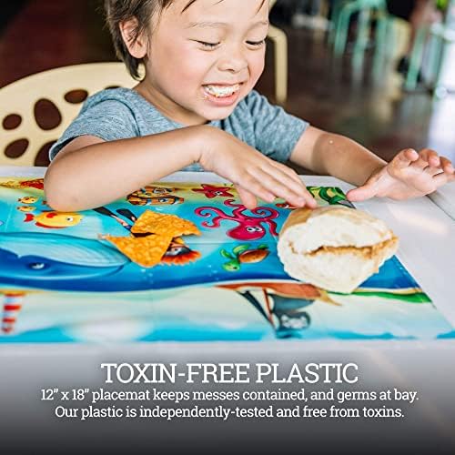 Toddler using sticky restaurant table mat for clean dining safety