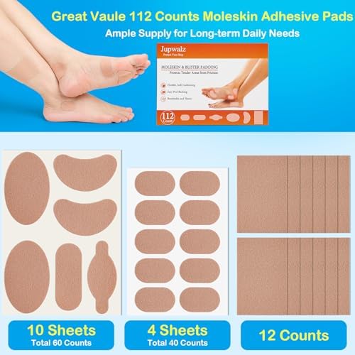 Six different pre-cut moleskin shapes for foot protection