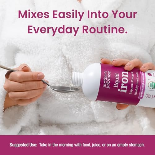 Packaging illustration of the Mother's Promise gentle non-constipating iron and Vitamin C supplement for whole family daily wellness.