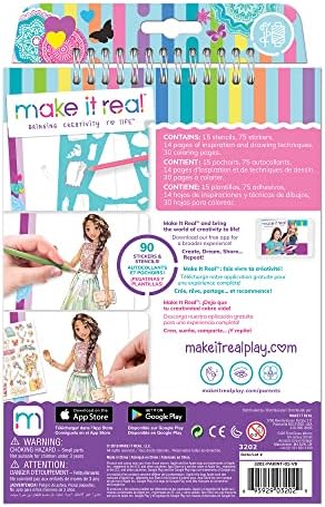 Make It Real fashion craft kit opened up to show the model coloring pages and instructional drawing guide sheets.
