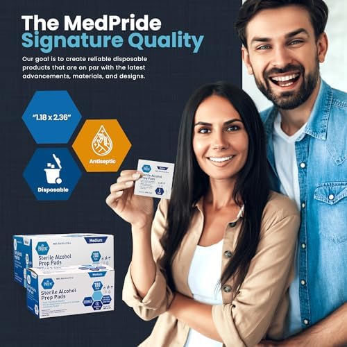 Box of 200 Med Pride alcohol prep pads showing sterile packaging details.