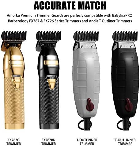 Full packaging view of the imported Amorka premium eight pack trimmer guards compatible with FX726 and FX787 models.