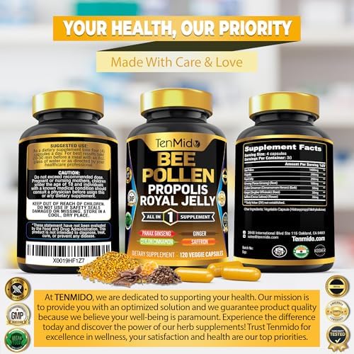 Tenmido natural bee derivatives capsule supplement bottle highlighting core health benefits.