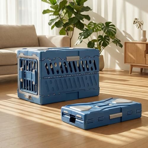 Chronanagese blue portable cat kennel open door setup on floor