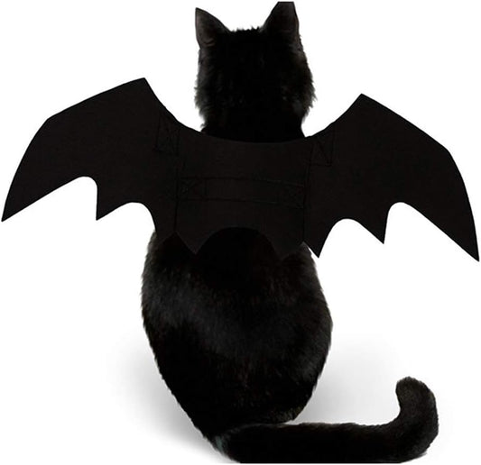 Adjustable straps on black felt bat wings for cats