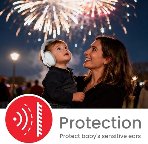Lifestyle shot of baby using noise cancelling ear muffs