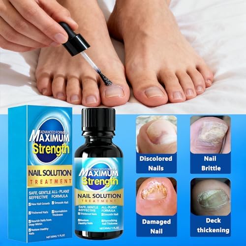 Professional grade toenail fungus treatment bottle in a blue themed medical health layout.