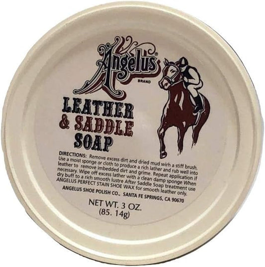 Angelus Leather and Saddle Soap 3 Ounce container showcasing authentic USA imported packaging.