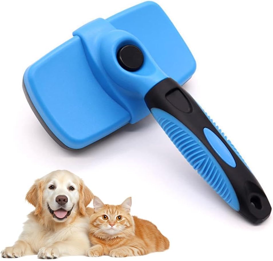 AMIAO self cleaning pet deshedding brush front view blue grooming tool for cats and dogs