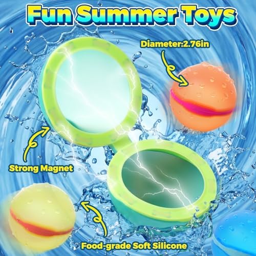 The complete twelve pack of magnetic water bombs arranged neatly alongside their quick drying mesh storage bag.