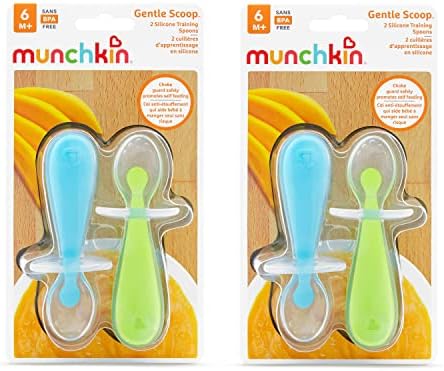 Ergonomic handles of the blue and green infant feeding utensils for small hands
