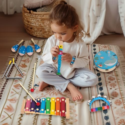 Eco friendly natural wood musical toys for boys and girls packaged inside the travel bag.