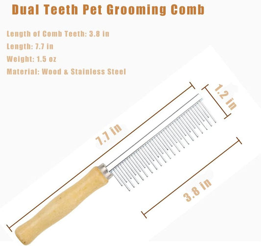 Double sided stainless steel pet detangling comb with natural wooden handle