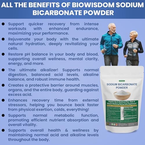 BioWisdom pure chemical free sodium bicarbonate powder for stomach acid relief.