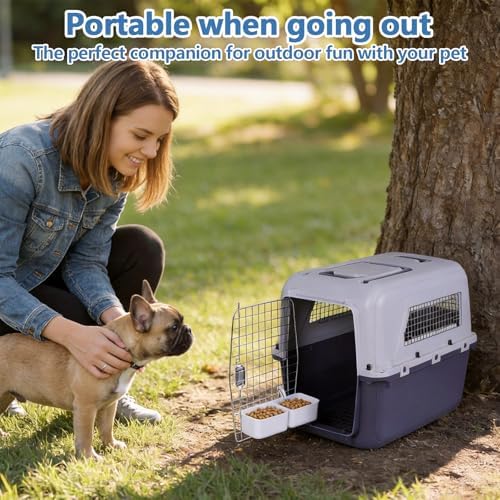 Premium imported plastic pet carrier rolling smoothly through an airport terminal