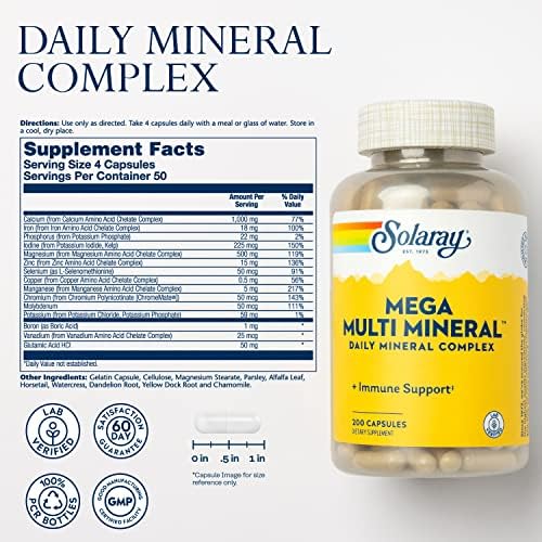 Full product packaging view of Solaray multi mineral complex showing the lab verified assurance seal.