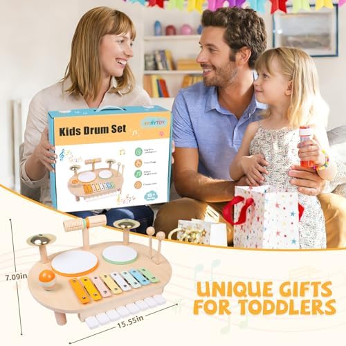 Educational toddler drumming table set showing the wood rasp and maraca accessories.
